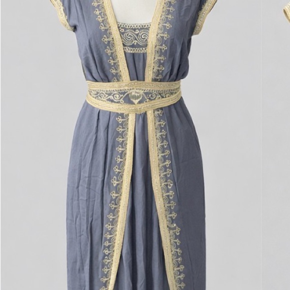 Embroidered Slate Gray Maxi Dress with Gold Trim